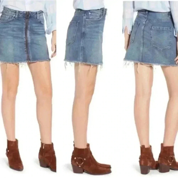 Free People Zip Front Denim Mini Skirt Sz 26 Boho Bohemian Festival Preowned - Picture 2 of 8